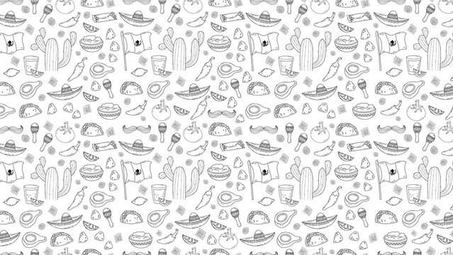 Mexican food and drink seamless pattern with tacos, sombreros, cacti