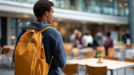 Faceless guy standing with backpack in high school student lifestyle academic environment youth education campus setting adolescent learning defocused background with copy