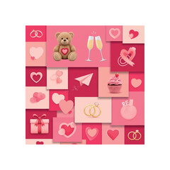 Vibrant Valentine's Day collage featuring hearts, teddy bear, and champagne flutes illustration
