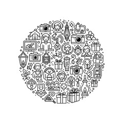An illustration shows people gift objects and cameras on a background.