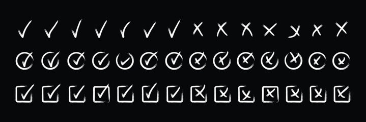 Hand drawn doodle checkmark and cross icons set checklist marks in box and circle grunge brush style vector illustration. hand drawn sketch doodle brush marker checklist symbol wrong right circle. © Hike Studio 786
