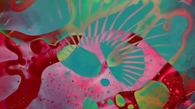 1970s psychedelic liquid projection with vibrant colours. Artistic dye pattern in ink and oil. Abstract artwork of cosmic visual reaction.	