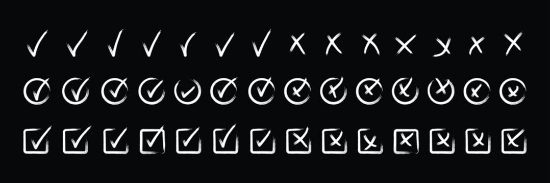 Hand drawn doodle checkmark and cross icons set checklist marks in box and circle grunge brush style vector illustration. hand drawn sketch doodle brush marker checklist symbol wrong right circle.
