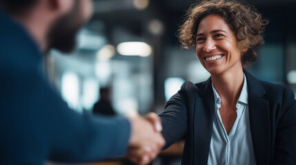 Smiling faceless female employee handshake colleague company meeting professional greeting workplace interaction business connection corporate environment defocused background