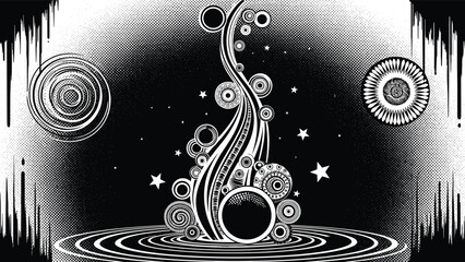 Surreal cosmic abstract vector with swirling energy, celestial gears, galactic tendrils, planetary orbits, and starry space vortex in motion © Eyaruna's World