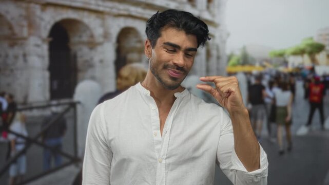Smiling man pinches thumb and finger in front of ancient coliseum building on busy street; precision.