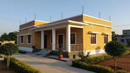 Obraz premium Modern single-story yellow brick house with a spacious porch and neatly manicured lawn under a clear blue sky