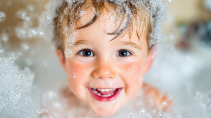 Happy child enjoying a bubble bath at home with bubbles all around
