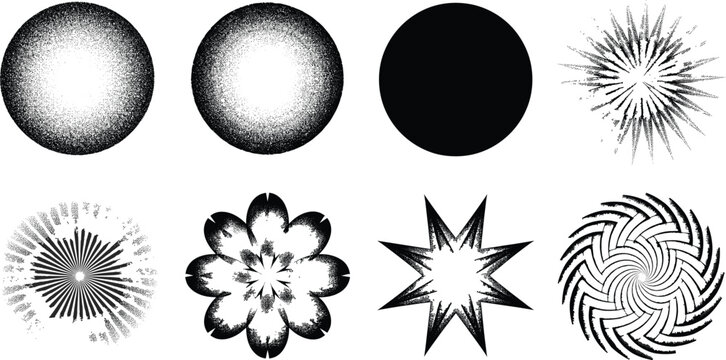Abstract grunge circle and starburst vector set. Halftone dots, radial shapes, and textured bursts for modern designs. Perfect for posters, logos, backgrounds, and creative graphic projects.