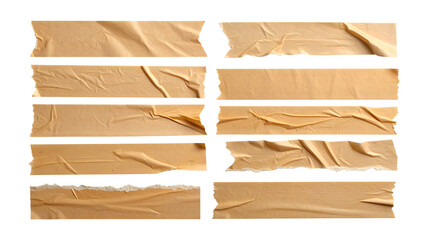 Set of Realistic Brown Adhesive Tape Pieces with Wrinkled Texture and Torn Edges Isolated on Transparent Background