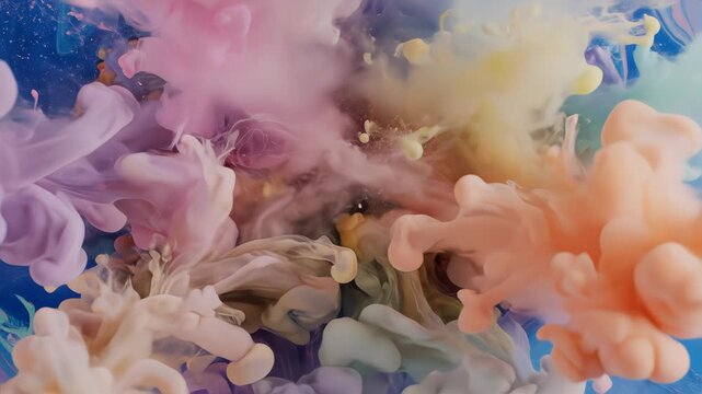 Abstract Colorful Paint Ink Explode Diffusion Psychedelic Blast Movement. soft colors, abstract composition. Acrylic texture with blue marbling background 