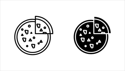 Solid black icon set. of a pizza with one slice removed, symbolizing food, restaurant menu, fast food, and Italian cuisine.