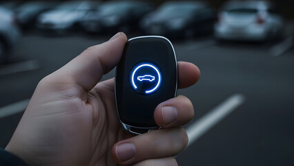 A close up shot of a hand holding a modern car key with a glowing car symbol