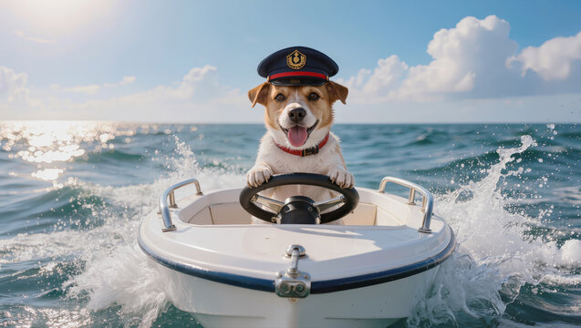 Funny dog wearing captain hat driving a speedboat on the sea with splashing water, joyful summer adventure on ocean concept