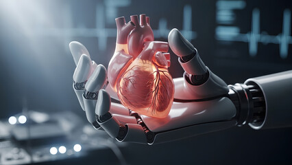 Artificial intelligence robot hand holding glowing human heart concept future cardiology medicine technology