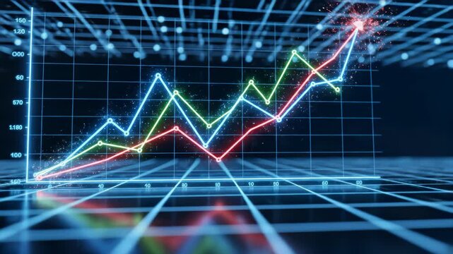 Growing line chart graph - business development competition concept animation. Hi tech style charts with grid. Camera movement with depth of field.