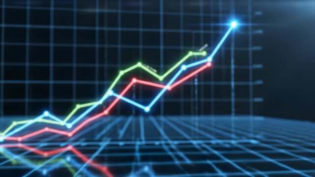 Growing line chart graph - business development competition concept animation. Hi tech style charts with grid. Camera movement with depth of field.