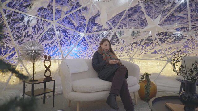 Experience a cozy winter getaway inside a stylish igloo, featuring modern furnishings and a serene atmosphere, perfect for relaxation and escape from the cold.