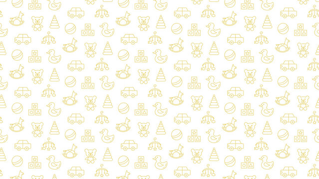 Vibrant yellow baby toys pattern on white background for nursery decor
