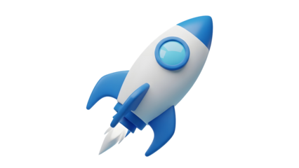 A blue and white rocket ship isolated on transparent background