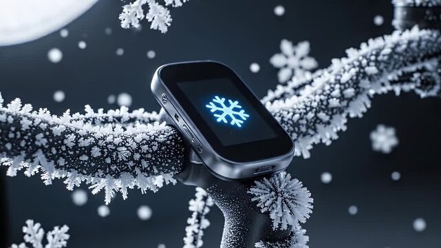 Close-up of a Smartwatch Displaying a Snowflake Icon in a Snowy Winter Landscape