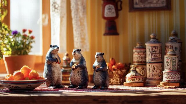 Three charming ceramic figurines of playful animals stand on a rustic table adorned with fruits and decorative items in a sunlit kitchen setting, showcasing delightful craftsmanship