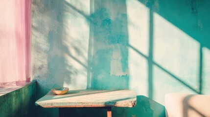 Sunlight shines on a wooden table in a room with blue walls