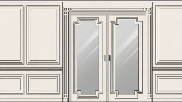 Illustration of a luxurious door with mirrors in a classic wall design viewed from the front