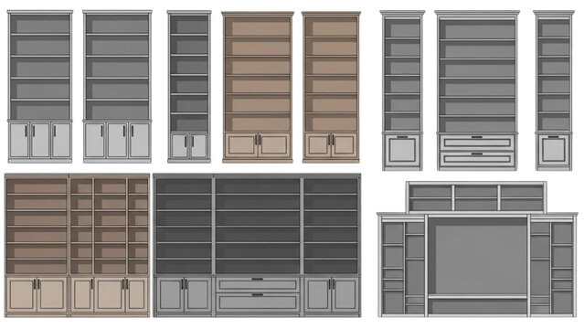 Various kitchen cabinet designs and layouts in different styles and configurations displayed together in a comparative illustration view