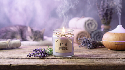 A peaceful scene featuring a lavender-scented aromatherapy candle placed on a wooden table, with soft purple lighting in the background