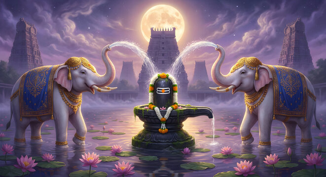 Divine Lord Shiva Lingam with Sacred White Elephants and Hindu Temple under Full Moon