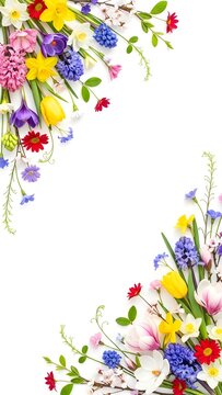 Elegant spring flower corners with colorful tulips and hyacinths on white background for stationary or invitation card