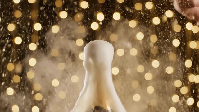 Champagne explosion. Champagne popping, opening champagne bottle closeup. Sparkling Wine over Holiday Bokeh Blinking dark Background. Party, Success, holiday celebrating. Slow motion UHD 4K