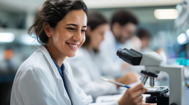 Modern medical research laboratory portrait faceless young scientists using microscope digital tablet doing sample analysis talking diverse team specialists advanced lab work - Powered by Adobe