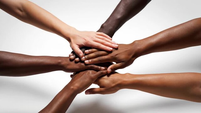 Diverse group of multicultural hands stacked together in a circle, symbolizing unity, teamwork, and cooperation. Ideal for high-end corporate marketing and social justice campaigns.