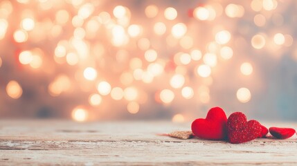 Fototapeta premium Red hearts on a wooden surface with lights in the background