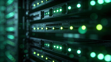 Server Rack with Blurry Green Status Lights and Bokeh Effect