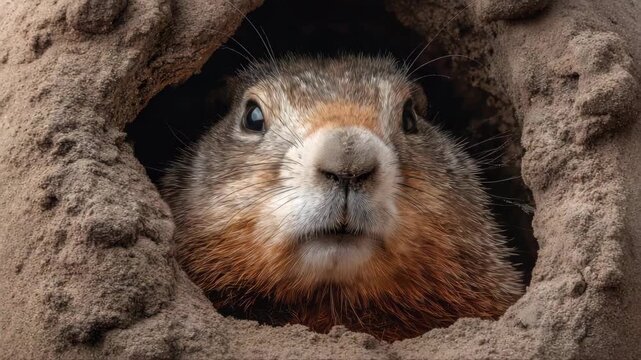 Groundhog emerges from burrow, peering out with curiosity, showcasing its fur texture and the sandy surroundings, highlighting the natural habitat and behavior of the animal