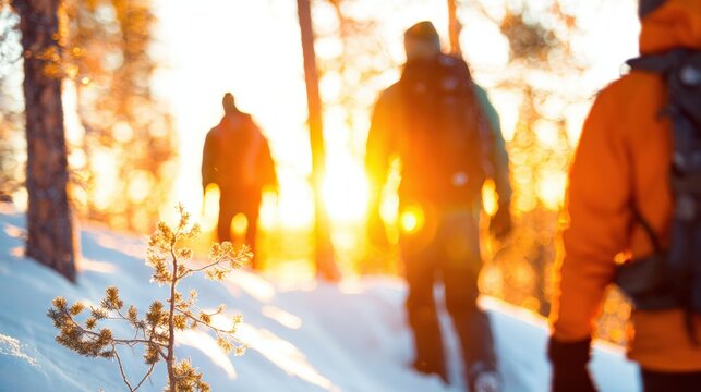 People walking in snow during sunset in a forested area