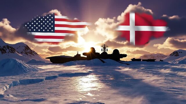 US and Denmark flags over Arctic military base in Greenland showing defense concept