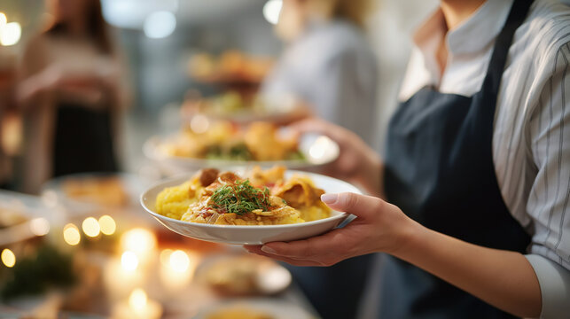 Faceless woman serving food at dinner party hosting gathering meal presentation social event culinary hospitality entertaining guests defocused background with copy space