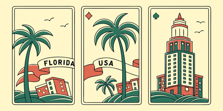 Florida Panels Featuring Palm Trees, Red Buildings & Playing Card Motif in Vintage Americana Style, USA, US, United States
