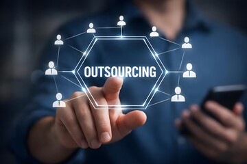 Obraz premium Outsourcing concept, Human resources and global recruitment for business. Businessman touching outsourcing icon for business working and company. 