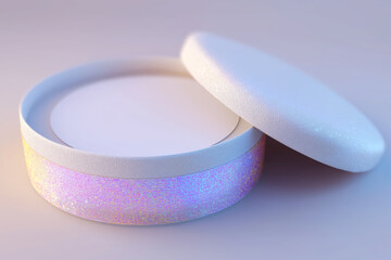 Elegant round cosmetic container with holographic glitter band and textured lid