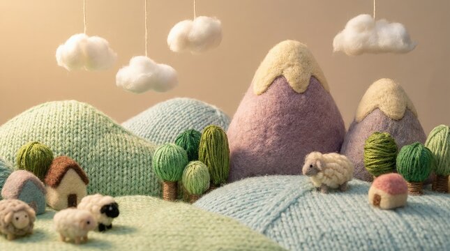 Whimsical Knit Landscape: A delightful scene of a handcrafted knit landscape, showcasing soft textures and vibrant colors. The serene setting features rolling hills, charming houses.