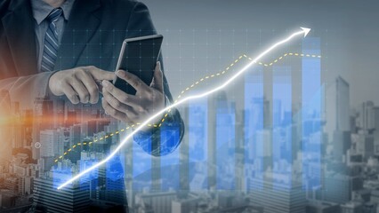 A businessman engages with a mobile device to monitor financial growth trends and statistics, set against a modern city backdrop and dynamic graph indicators. Copula