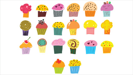 Fototapeta premium Cute Cupcake and Cake Assortment Flat Vector Illustration