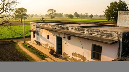 Weathered white building stands amidst lush green fields and trees under a soft serene sky