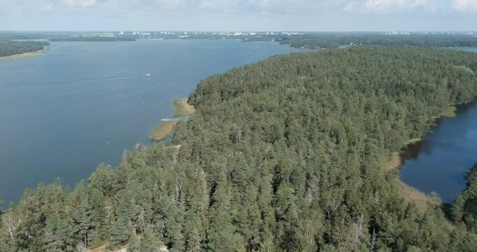 Aerial view of Pentalanj&auml;rvi lake a dense forest on the island of Pentala in summer, Espoo, Finland.