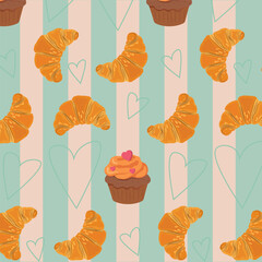 Sweet Bakery Pattern with Croissants and Cupcakes